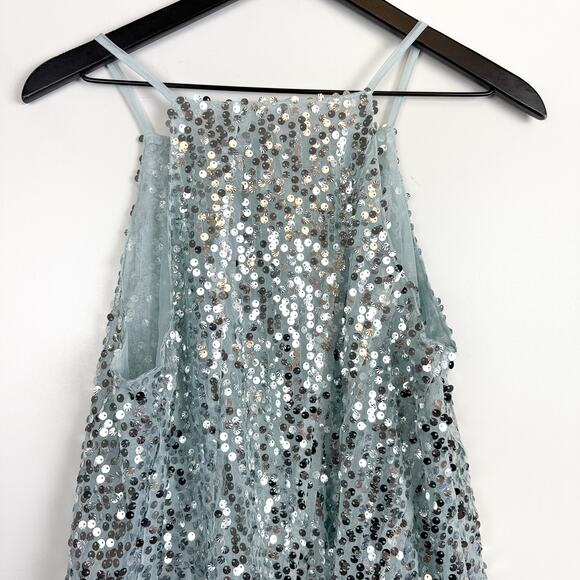 Anthropologie Sequins Asymmetrical Hem Tank Top Party Holidays Blue Silver - M - Picture 8 of 10